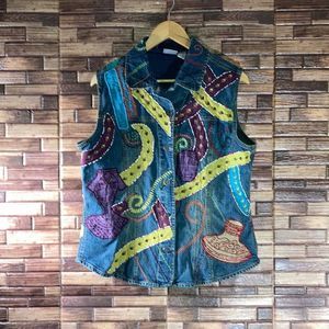Chicos 2 Vest Women Small Blue Denim Beaded Art To Wear Abstract Boho Embroidery